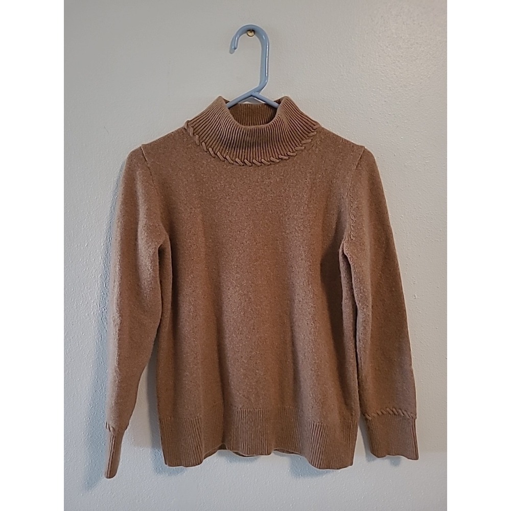 THEORY Whipstitched Turtleneck‎  In Cashmere Size L Tan Super Soft Ribbed Trim